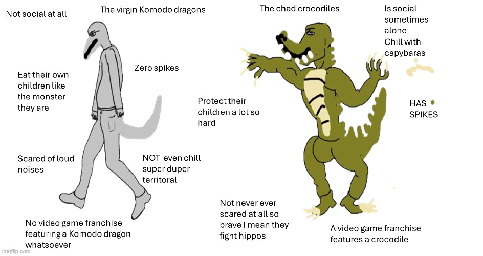 the virgin komodo dragons vs the chad crocodiles | image tagged in virgin vs chad | made w/ Imgflip meme maker