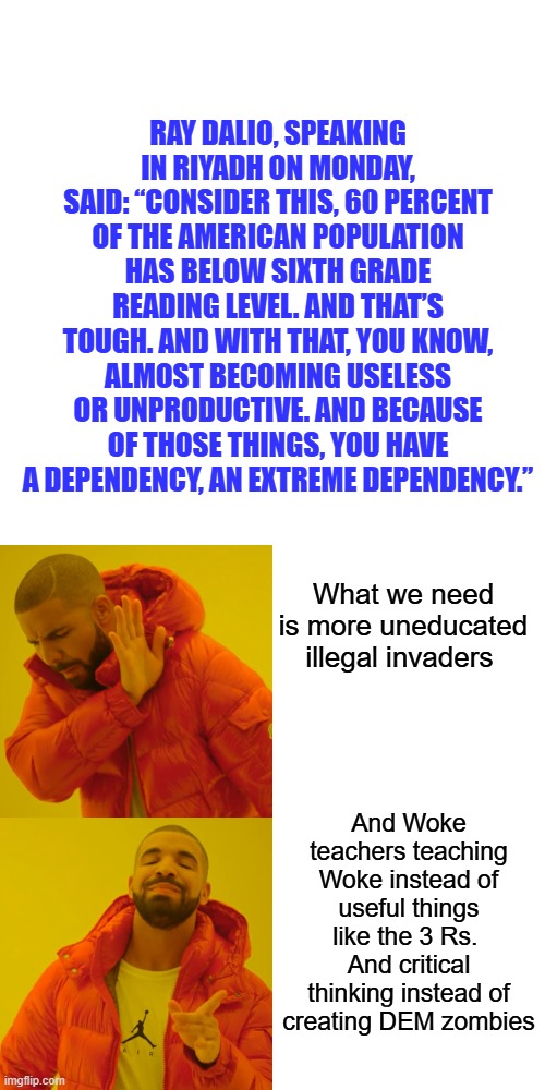 RAY DALIO, SPEAKING IN RIYADH ON MONDAY, SAID: “CONSIDER THIS, 60 PERCENT OF THE AMERICAN POPULATION HAS BELOW SIXTH GRADE READING LEVEL. AND THAT’S TOUGH. AND WITH THAT, YOU KNOW, ALMOST BECOMING USELESS OR UNPRODUCTIVE. AND BECAUSE OF THOSE THINGS, YOU HAVE A DEPENDENCY, AN EXTREME DEPENDENCY.”; What we need is more uneducated illegal invaders; And Woke teachers teaching Woke instead of useful things like the 3 Rs.  And critical thinking instead of creating DEM zombies | image tagged in memes,blank transparent square,drake hotline bling | made w/ Imgflip meme maker