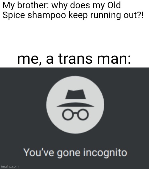 Ykyk | My brother: why does my Old Spice shampoo keep running out?! me, a trans man: | image tagged in you've gone incognito | made w/ Imgflip meme maker