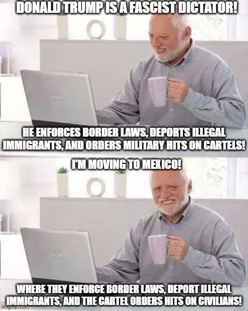 Standards: they're doubled! | DONALD TRUMP IS A FASCIST DICTATOR! HE ENFORCES BORDER LAWS, DEPORTS ILLEGAL IMMIGRANTS, AND ORDERS MILITARY HITS ON CARTELS! I'M MOVING TO MEXICO! WHERE THEY ENFORCE BORDER LAWS, DEPORT ILLEGAL IMMIGRANTS, AND THE CARTEL ORDERS HITS ON CIVILIANS! | image tagged in memes,hide the pain harold,liberal hypocrisy,donald trump,mexico,tds | made w/ Imgflip meme maker