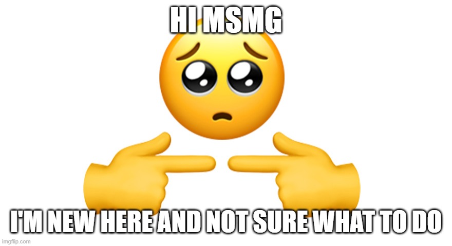 Shy emoji | HI MSMG; I'M NEW HERE AND NOT SURE WHAT TO DO | image tagged in shy emoji | made w/ Imgflip meme maker