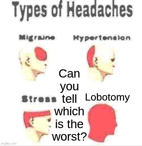 Guess the worst headache | Can you tell which is the worst? Lobotomy | image tagged in types of headaches meme | made w/ Imgflip meme maker