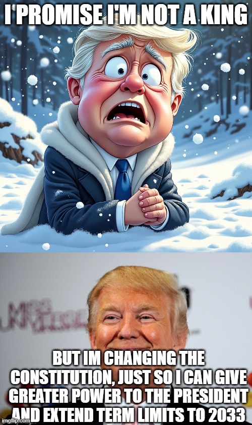 According to you guys, this is Trump's "Third term" he also was caught saying "The judges are my pets, they won't stop me" | I PROMISE I'M NOT A KING; BUT IM CHANGING THE CONSTITUTION, JUST SO I CAN GIVE GREATER POWER TO THE PRESIDENT AND EXTEND TERM LIMITS TO 2033 | image tagged in trump begging,donald trump approves,pathetic don | made w/ Imgflip meme maker