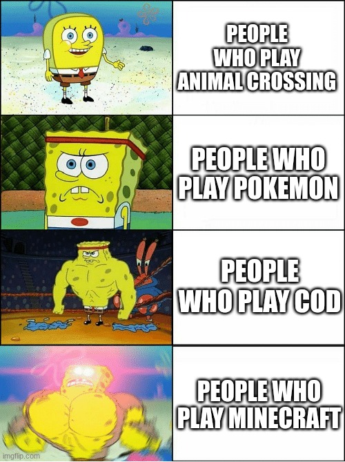 Sponge Finna Commit Muder | PEOPLE WHO PLAY ANIMAL CROSSING; PEOPLE WHO PLAY POKEMON; PEOPLE WHO PLAY COD; PEOPLE WHO PLAY MINECRAFT | image tagged in sponge finna commit muder | made w/ Imgflip meme maker