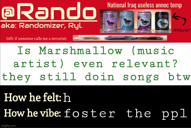 shit started in 2022 or smiliar | Is Marshmallow (music artist) even relevant? they still doin songs btw; h; foster the ppl | image tagged in iraq randomizer announcement temp | made w/ Imgflip meme maker