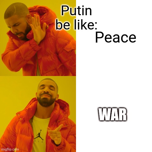 This guy started a war Just for some action in the world | Putin be like:; Peace; WAR | image tagged in memes,drake hotline bling | made w/ Imgflip meme maker