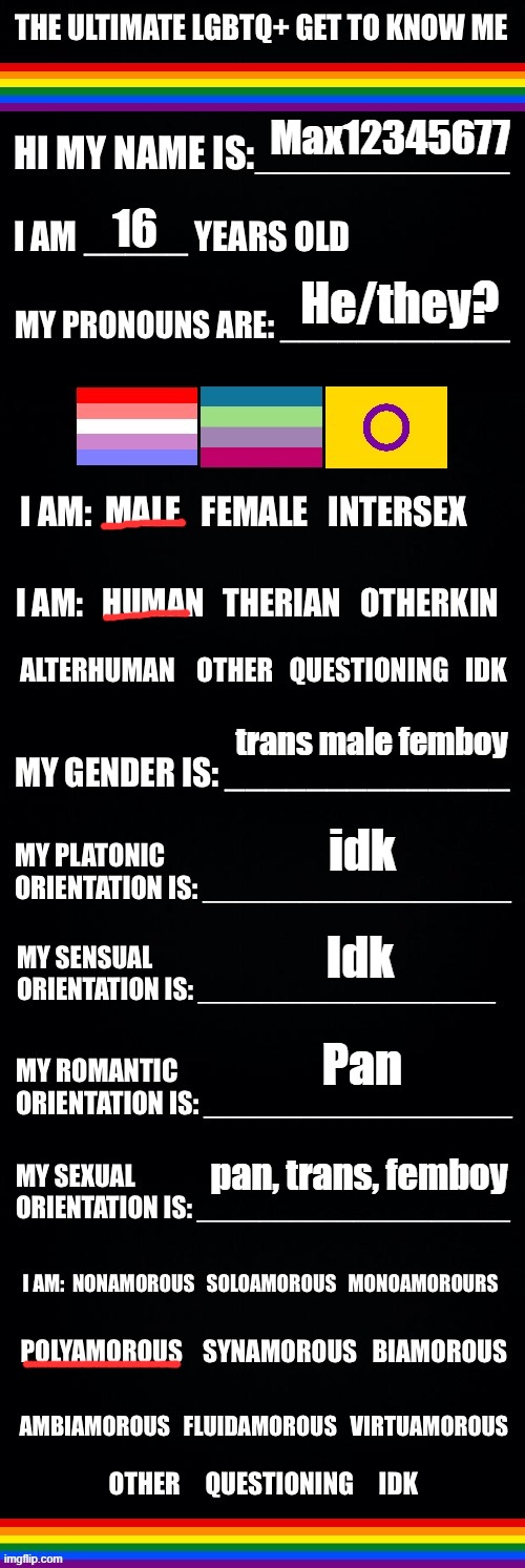 The ultimate LGBTQ+ get to know me | Max12345677; 16; He/they? trans male femboy; idk; Idk; Pan; pan, trans, femboy | image tagged in the ultimate lgbtq get to know me | made w/ Imgflip meme maker