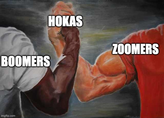 Arm wrestling meme template | HOKAS; ZOOMERS; BOOMERS | image tagged in arm wrestling meme template | made w/ Imgflip meme maker