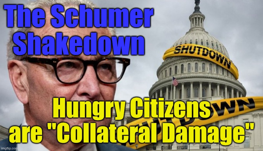Schumer shakedown | The Schumer Shakedown; Hungry Citizens are "Collateral Damage" | made w/ Imgflip meme maker