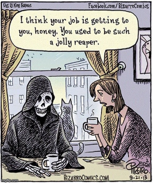 Bizarro Comics | image tagged in comics,bizarro comics,grim reaper,jolly reaper,hard work,wife | made w/ Imgflip meme maker