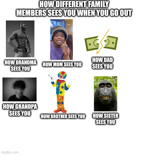 How Different Family Members sees you | HOW DIFFERENT FAMILY MEMBERS SEES YOU WHEN YOU GO OUT; HOW GRANDMA SEES YOU; HOW DAD SEES YOU; HOW MOM SEES YOU; HOW GRANDPA SEES YOU; HOW BROTHER SEES YOU; HOW SISTER SEES YOU | image tagged in relatable,family,imgflip,memes | made w/ Imgflip meme maker