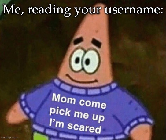 Mom come pick me up i'm scared | Me, reading your username: | image tagged in mom come pick me up i'm scared | made w/ Imgflip meme maker