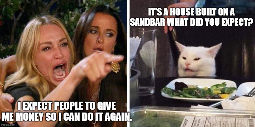 Stupid OBX house owners | IT'S A HOUSE BUILT ON A SANDBAR WHAT DID YOU EXPECT? I EXPECT PEOPLE TO GIVE ME MONEY SO I CAN DO IT AGAIN. | image tagged in smudge the cat | made w/ Imgflip meme maker