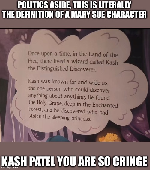 POLITICS ASIDE, THIS IS LITERALLY THE DEFINITION OF A MARY SUE CHARACTER; KASH PATEL YOU ARE SO CRINGE | made w/ Imgflip meme maker
