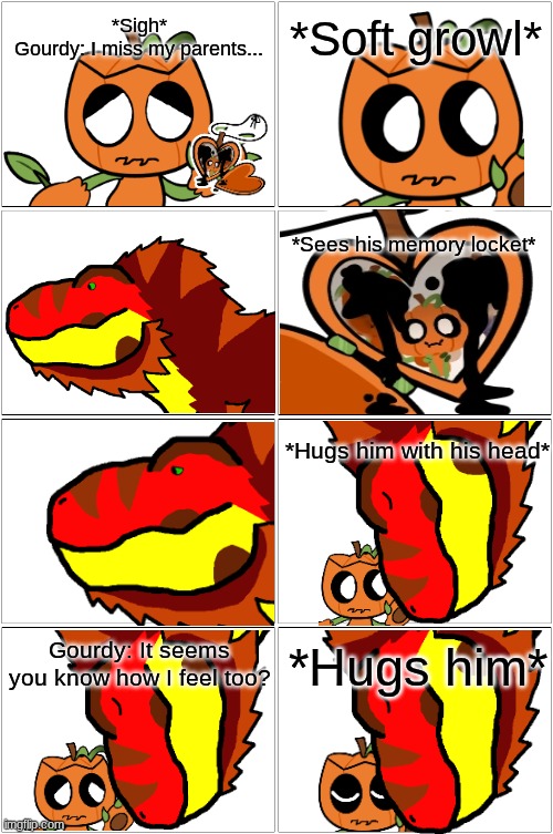 "I feel your pain." - Tyrex.mp3 | image tagged in gourdy,dandy's world,tyrex,comic | made w/ Imgflip meme maker