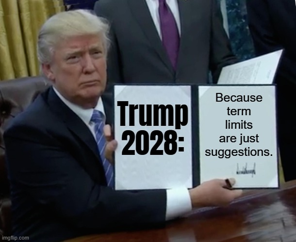 Trump 2028: Because term limits are just suggestions | Because term limits are just suggestions. Trump 2028: | image tagged in memes,trump bill signing,donald trump small brain,donald trump,the constitution,trump is a moron | made w/ Imgflip meme maker