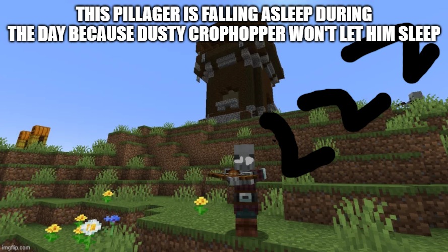 Pillager | THIS PILLAGER IS FALLING ASLEEP DURING THE DAY BECAUSE DUSTY CROPHOPPER WON'T LET HIM SLEEP | image tagged in pillager | made w/ Imgflip meme maker