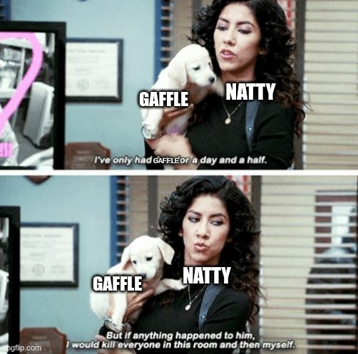 Natty in chapter 14 be like | NATTY; GAFFLE; GAFFLE; NATTY; GAFFLE | image tagged in i've only had arlo for a day and a half,ocs,dnd | made w/ Imgflip meme maker