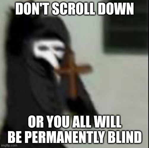 Plague Doctor with cross | DON'T SCROLL DOWN; OR YOU ALL WILL BE PERMANENTLY BLIND | image tagged in plague doctor with cross | made w/ Imgflip meme maker