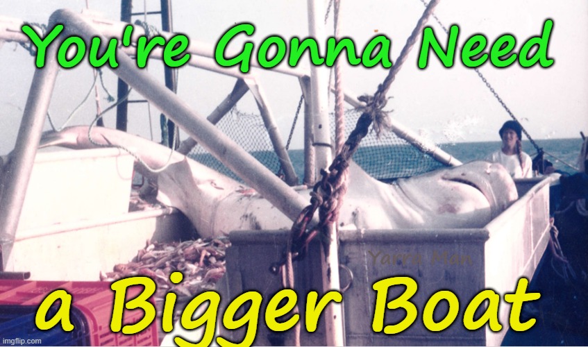 Your gonna need a BIGGER Boat! | You're Gonna Need; a Bigger Boat; Yarra Man | image tagged in jaws,gulf of carpentaria australia,tiger shark,prawn trawlers,queensland,raptis pearl | made w/ Imgflip meme maker