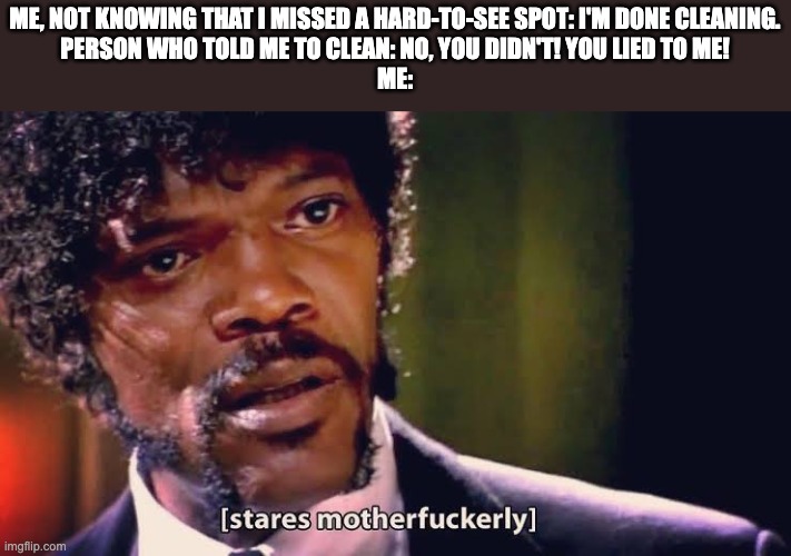 We've all had that moment. | ME, NOT KNOWING THAT I MISSED A HARD-TO-SEE SPOT: I'M DONE CLEANING.
PERSON WHO TOLD ME TO CLEAN: NO, YOU DIDN'T! YOU LIED TO ME!
ME: | image tagged in samuel jackson stares mother-ly | made w/ Imgflip meme maker