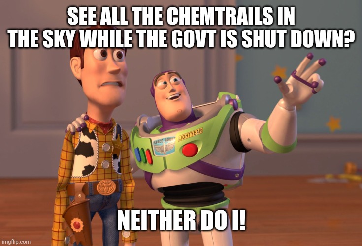 Chemtrails | SEE ALL THE CHEMTRAILS IN THE SKY WHILE THE GOVT IS SHUT DOWN? NEITHER DO I! | image tagged in memes,x x everywhere | made w/ Imgflip meme maker