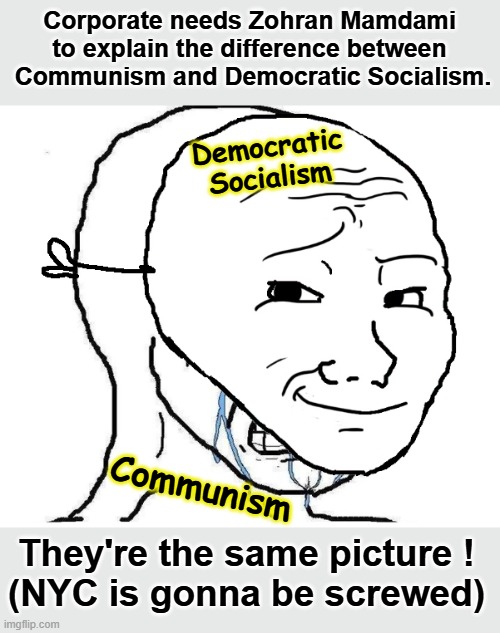 Waah! Waah! Stop Calling me a Communist! | Corporate needs Zohran Mamdami to explain the difference between  Communism and Democratic Socialism. Democratic
Socialism; Communism; They're the same picture !
(NYC is gonna be screwed) | image tagged in zohran mamdami,democratic socialism,communism | made w/ Imgflip meme maker