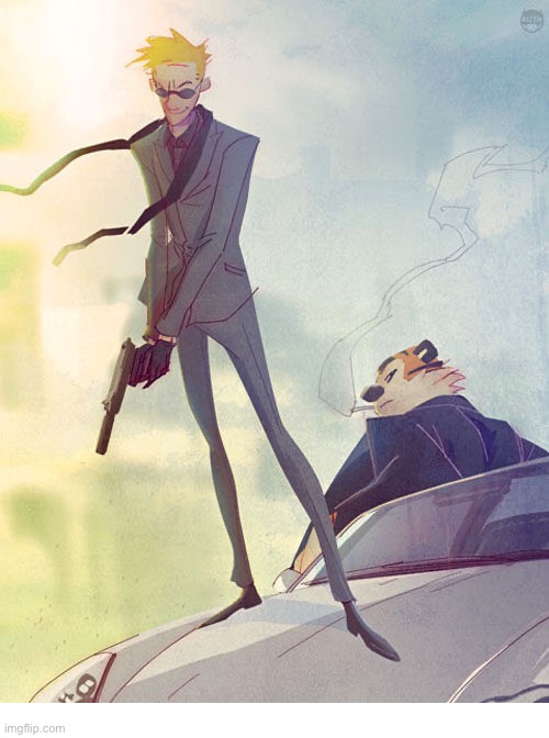 Calvin & Hobbes fan art | image tagged in calvin and hobbes,fan art,detectives,grown up | made w/ Imgflip meme maker