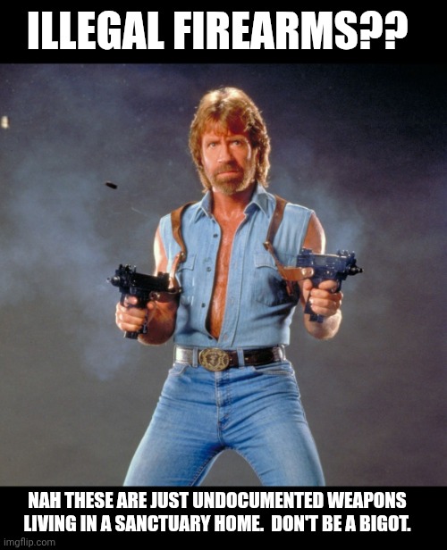 Chuck Norris Guns Meme | ILLEGAL FIREARMS?? NAH THESE ARE JUST UNDOCUMENTED WEAPONS LIVING IN A SANCTUARY HOME.  DON'T BE A BIGOT. | image tagged in memes,chuck norris guns,chuck norris | made w/ Imgflip meme maker