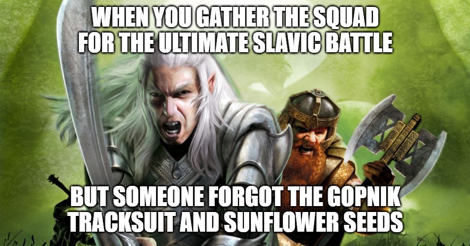 Slavic Battle of Middle Earth | WHEN YOU GATHER THE SQUAD FOR THE ULTIMATE SLAVIC BATTLE; BUT SOMEONE FORGOT THE GOPNIK TRACKSUIT AND SUNFLOWER SEEDS | image tagged in slavic battle of middle earth,slavic battle,slavic lives matter | made w/ Imgflip meme maker