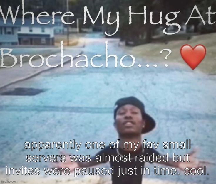 why cant people think before they act | apparently one of my fav small servers was almost raided but invites were paused just in time. cool. | image tagged in where my hug at brochacho | made w/ Imgflip meme maker