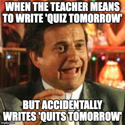 Its your lucky day | WHEN THE TEACHER MEANS TO WRITE 'QUIZ TOMORROW'; BUT ACCIDENTALLY WRITES 'QUITS TOMORROW' | image tagged in joe pesci,typo,hilarious,funny because it's true,happy,best memes | made w/ Imgflip meme maker