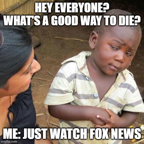 Third World Skeptical Kid | HEY EVERYONE? WHAT'S A GOOD WAY TO DIE? ME: JUST WATCH FOX NEWS | image tagged in memes,third world skeptical kid | made w/ Imgflip meme maker
