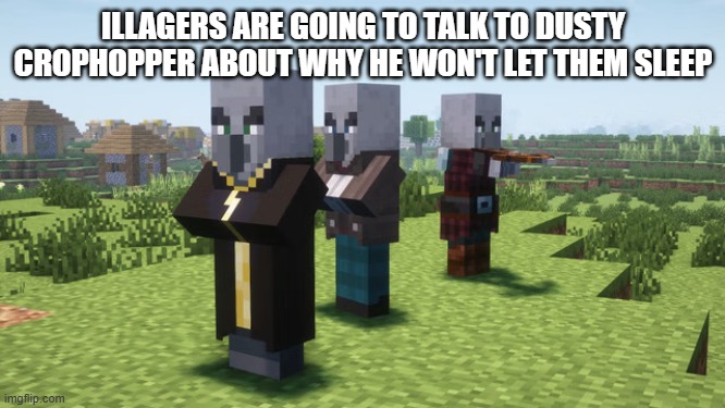 Illagers | ILLAGERS ARE GOING TO TALK TO DUSTY CROPHOPPER ABOUT WHY HE WON'T LET THEM SLEEP | image tagged in illagers | made w/ Imgflip meme maker