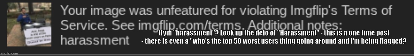 tfym "harassment"? Look up the defo of "Harassment" - this is a one time post - there is even a "who's the top 50 worst users thing going around and I'm being flagged? | made w/ Imgflip meme maker