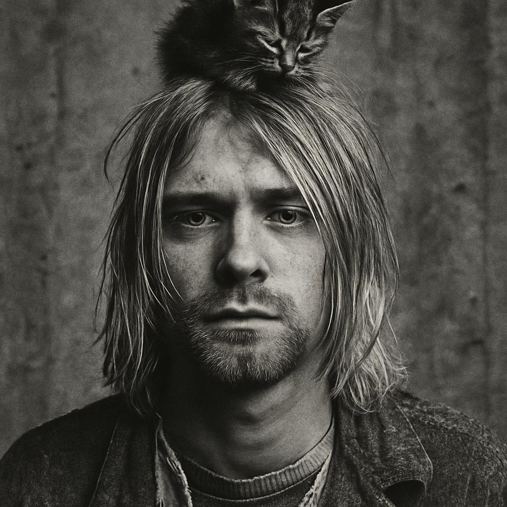 Kurt Cobain with a kitten on his head Blank Meme Template