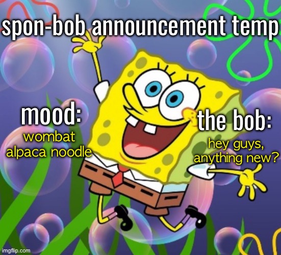 spon-bob announcement | wombat alpaca noodle; hey guys, anything new? | image tagged in spon-bob announcement | made w/ Imgflip meme maker