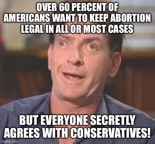 Charlie Sheen DERP | OVER 60 PERCENT OF AMERICANS WANT TO KEEP ABORTION LEGAL IN ALL OR MOST CASES BUT EVERYONE SECRETLY AGREES WITH CONSERVATIVES! | image tagged in charlie sheen derp | made w/ Imgflip meme maker