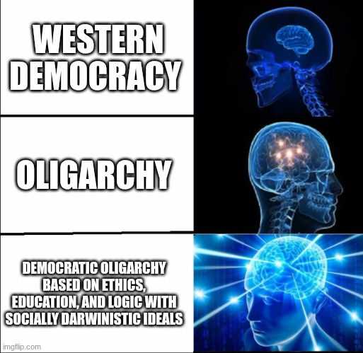 In a capitalist/socialist system with a government who values secrecy and with a cap on how much money someone can have | WESTERN DEMOCRACY; OLIGARCHY; DEMOCRATIC OLIGARCHY BASED ON ETHICS, EDUCATION, AND LOGIC WITH SOCIALLY DARWINISTIC IDEALS | image tagged in galaxy brain 3 brains | made w/ Imgflip meme maker