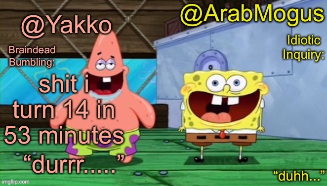 Yakko and ArabMogus’s shared temp | shit i turn 14 in 53 minutes | image tagged in yakko and arabmogus s shared temp | made w/ Imgflip meme maker