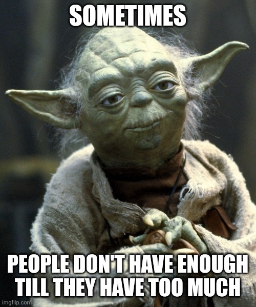 Yoda Wisdom | SOMETIMES; PEOPLE DON'T HAVE ENOUGH TILL THEY HAVE TOO MUCH | image tagged in yoda wisdom | made w/ Imgflip meme maker