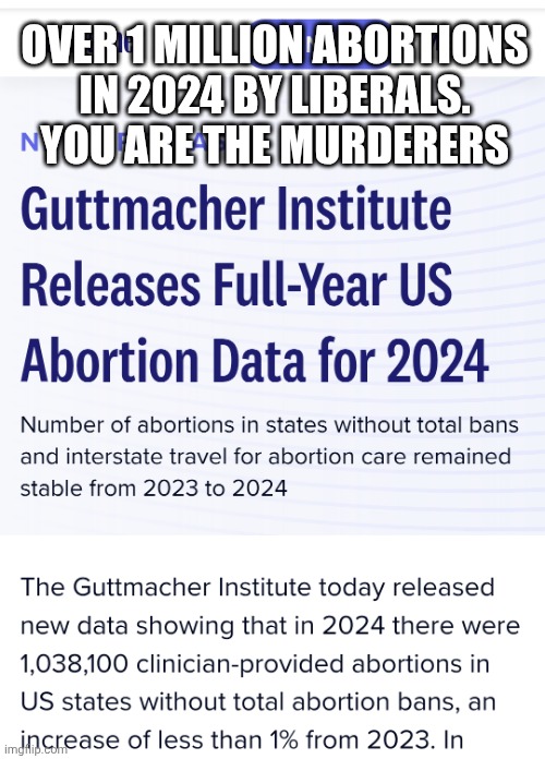 OVER 1 MILLION ABORTIONS
 IN 2024 BY LIBERALS. 
YOU ARE THE MURDERERS | made w/ Imgflip meme maker