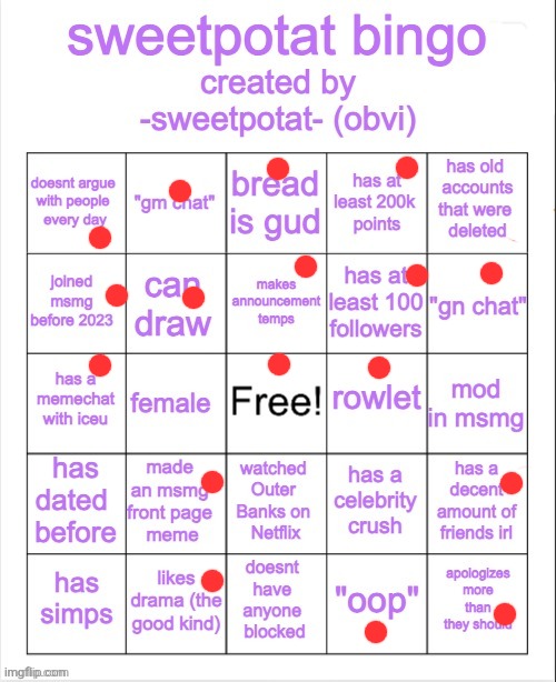 sweetpotat bingo! | image tagged in sweetpotat bingo | made w/ Imgflip meme maker