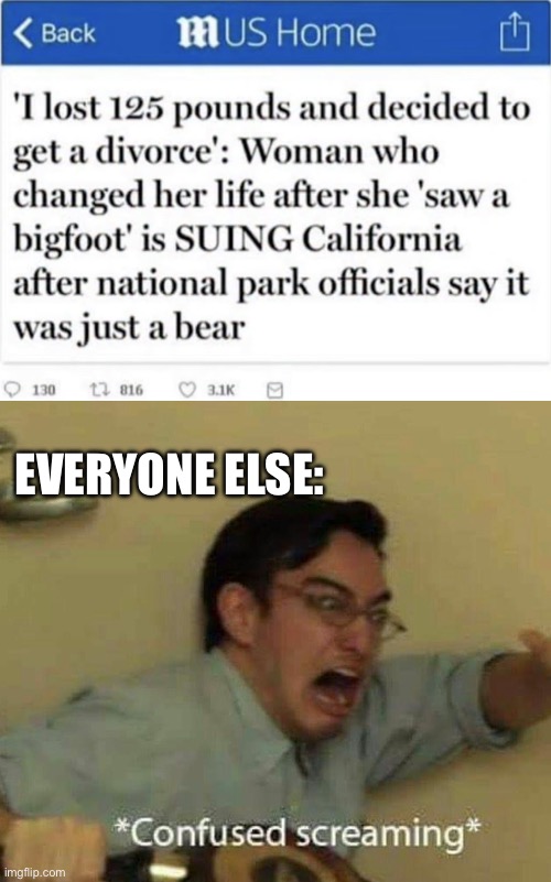 EVERYONE ELSE: | image tagged in confused screaming,bigfoot,funny,woman | made w/ Imgflip meme maker