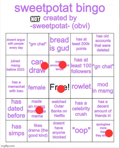 sweetpotat bingo! | NOT | image tagged in sweetpotat bingo | made w/ Imgflip meme maker