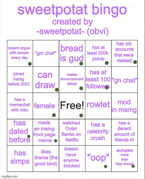 sweetpotat bingo! | image tagged in sweetpotat bingo | made w/ Imgflip meme maker