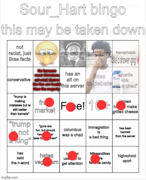 Sour_Hart bingo | No because most Christians are cool, shame the few are louder than the majority | image tagged in sour_hart bingo | made w/ Imgflip meme maker