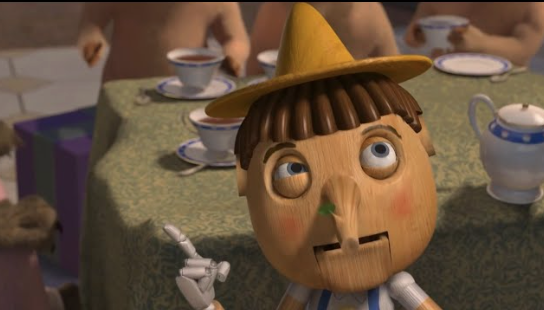 Pinocchio in Shrek being interrogated Blank Meme Template