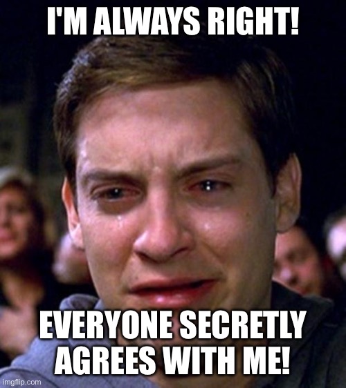 crying peter parker | I'M ALWAYS RIGHT! EVERYONE SECRETLY AGREES WITH ME! | image tagged in crying peter parker | made w/ Imgflip meme maker