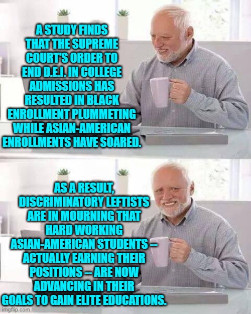 Imagine actually EARNING your way into elite colleges? | A STUDY FINDS THAT THE SUPREME COURT'S ORDER TO END D.E.I. IN COLLEGE ADMISSIONS HAS RESULTED IN BLACK ENROLLMENT PLUMMETING WHILE ASIAN-AMERICAN ENROLLMENTS HAVE SOARED. AS A RESULT, DISCRIMINATORY LEFTISTS ARE IN MOURNING THAT HARD WORKING ASIAN-AMERICAN STUDENTS -- ACTUALLY EARNING THEIR POSITIONS -- ARE NOW ADVANCING IN THEIR GOALS TO GAIN ELITE EDUCATIONS. | image tagged in hide the pain harold | made w/ Imgflip meme maker